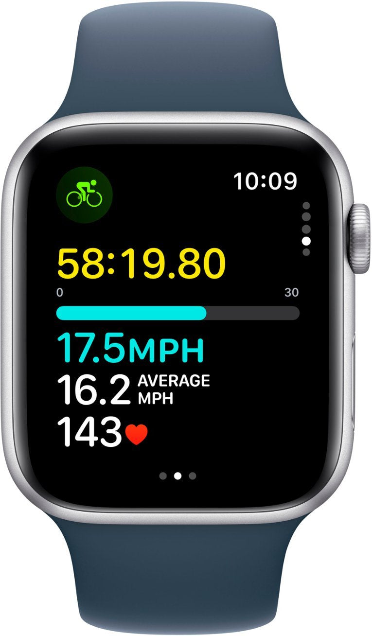 Apple Watch SE 2nd Generation (GPS + Cellular) 44mm Silver Aluminum Case with Storm Blue Sport Band S/M - MRHE3LL/A
